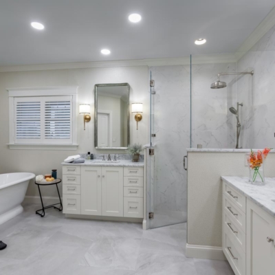 Double vanities, corner shower and free-standing tub