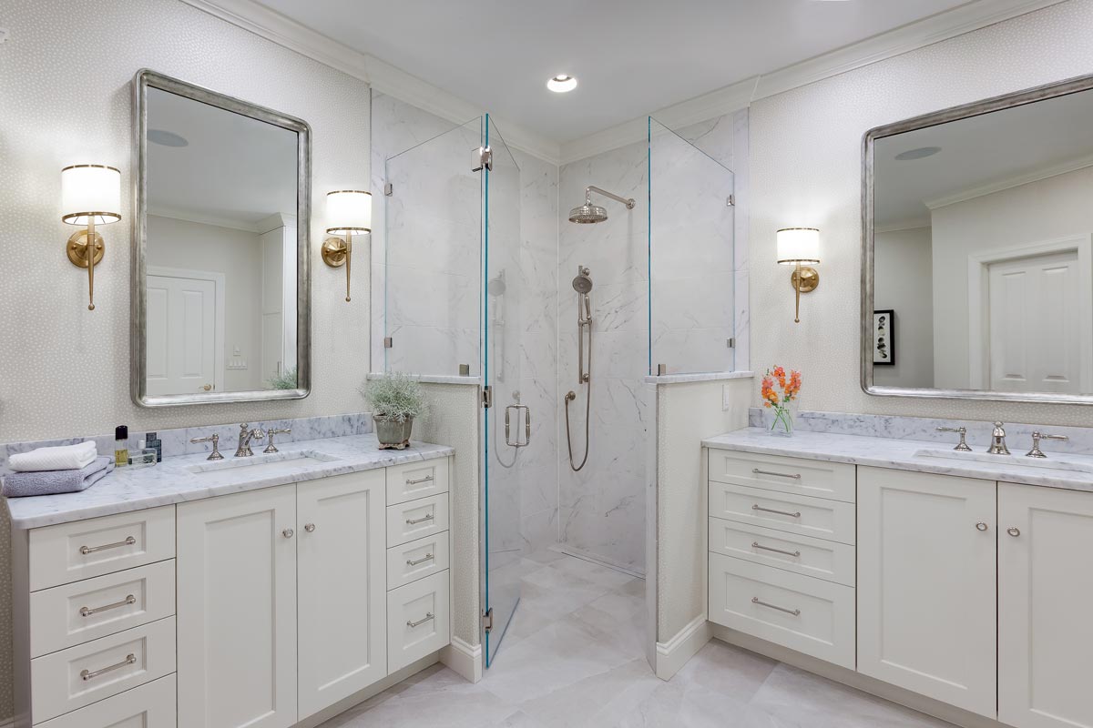 Double vanities, corner shower and free-standing tub